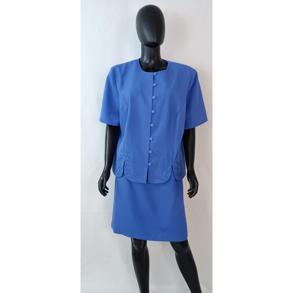Lady Dorby Dresses & Skirts - Lady Dorby Blue 2 Piece Skirt Set Floral Embroidery Button Top Skirt 18W